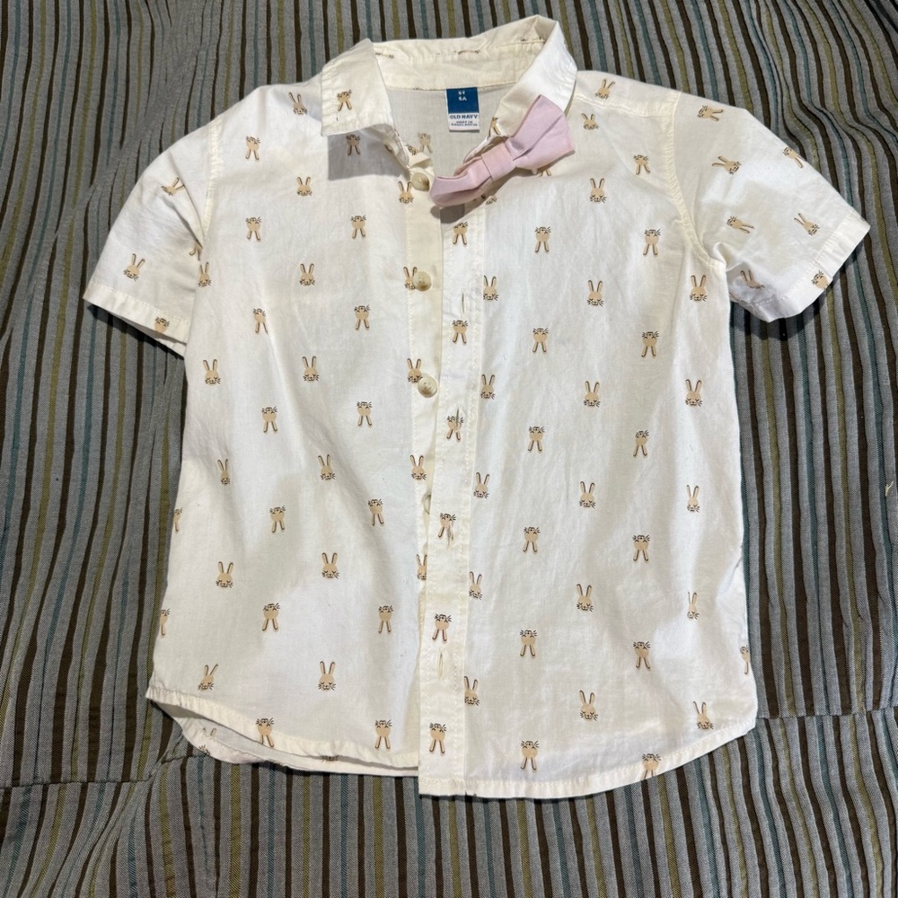 Old Navy White Shirt with Bunny Print and Pink Bow Tie